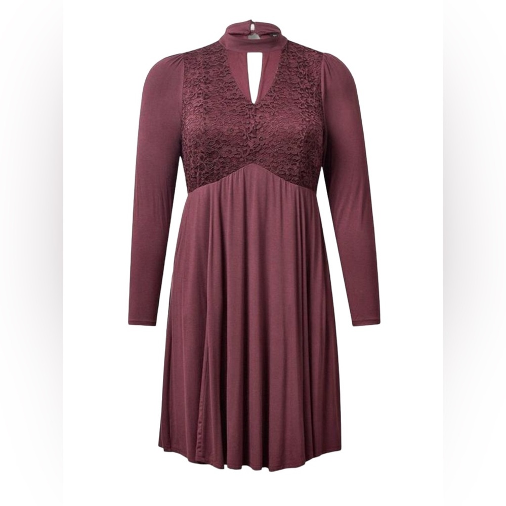 Torrid At The Knee Super Soft Lace Bodice Mock Neck Skater Dress maroon 2X